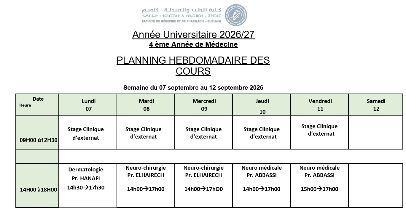 Emploi du temps – 4ème année