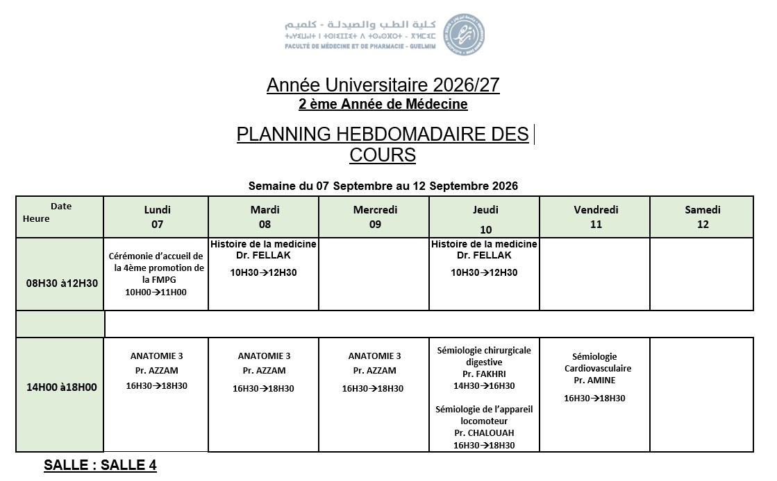 Emploi du temps – 2ème année