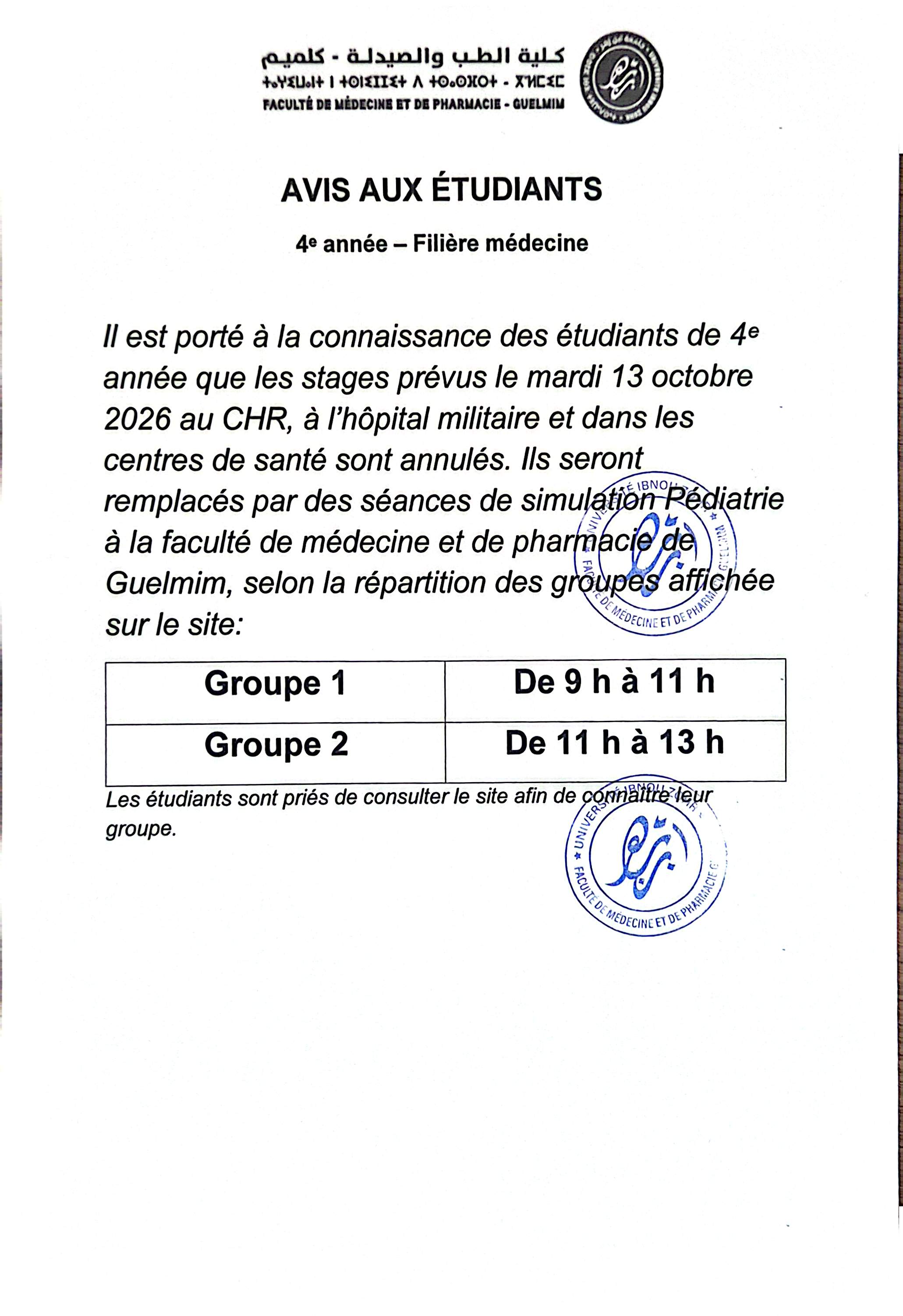 FMP Guelmim - Planning Simulation Pédiatrie 4ème année - Groupes 1 & 2